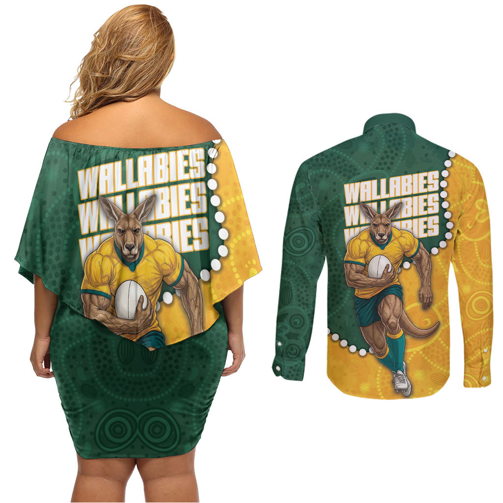Australia Wallabies Rugby Mascot Couples Matching Off Shoulder Short Dress and Long Sleeve Button Shirt Indigenous Dot Art Style - Muscular Kangaroo Graphic