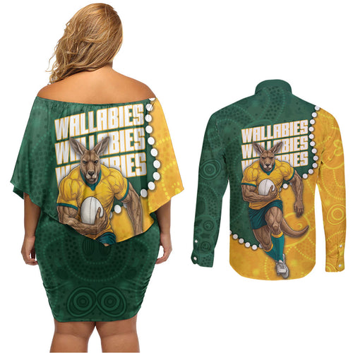 Australia Wallabies Rugby Mascot Couples Matching Off Shoulder Short Dress and Long Sleeve Button Shirt Indigenous Dot Art Style - Muscular Kangaroo Graphic