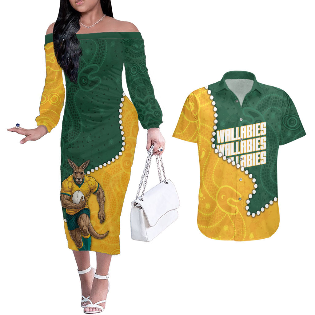 Australia Wallabies Rugby Mascot Couples Matching Off The Shoulder Long Sleeve Dress and Hawaiian Shirt Indigenous Dot Art Style - Muscular Kangaroo Graphic