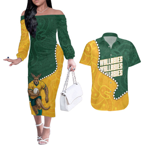 Australia Wallabies Rugby Mascot Couples Matching Off The Shoulder Long Sleeve Dress and Hawaiian Shirt Indigenous Dot Art Style - Muscular Kangaroo Graphic