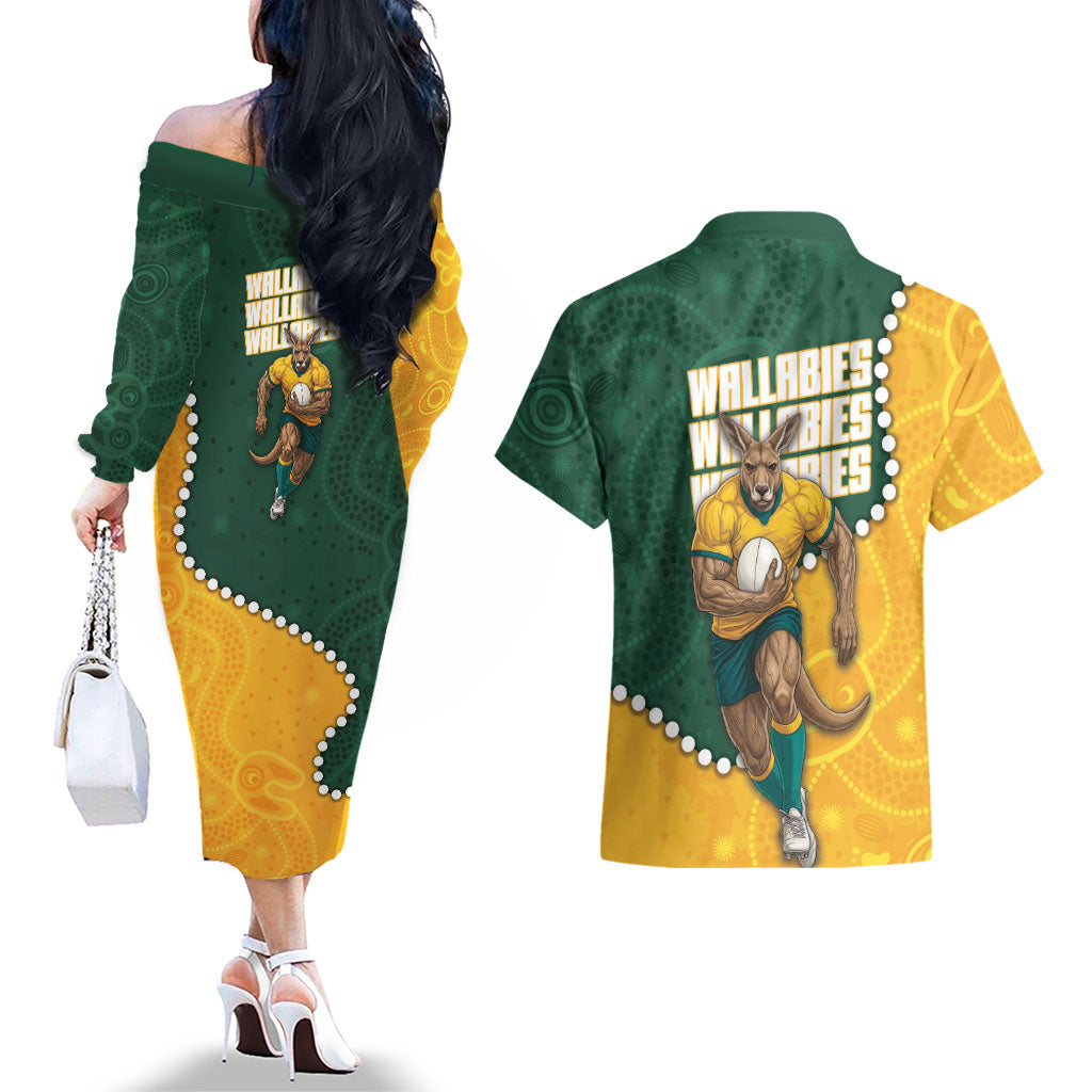 Australia Wallabies Rugby Mascot Couples Matching Off The Shoulder Long Sleeve Dress and Hawaiian Shirt Indigenous Dot Art Style - Muscular Kangaroo Graphic
