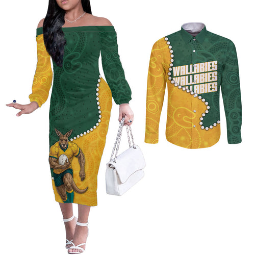 Australia Wallabies Rugby Mascot Couples Matching Off The Shoulder Long Sleeve Dress and Long Sleeve Button Shirt Indigenous Dot Art Style - Muscular Kangaroo Graphic