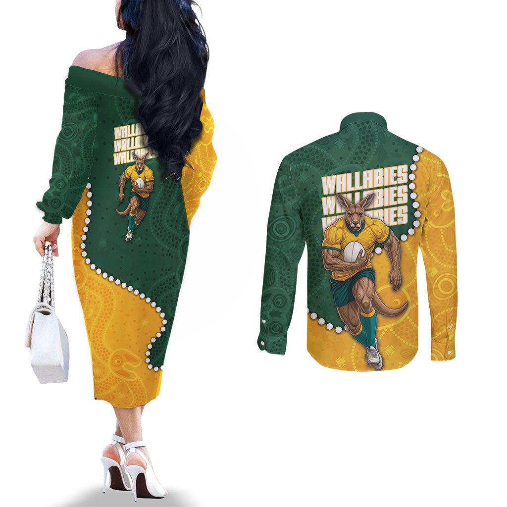 Australia Wallabies Rugby Mascot Couples Matching Off The Shoulder Long Sleeve Dress and Long Sleeve Button Shirt Indigenous Dot Art Style - Muscular Kangaroo Graphic