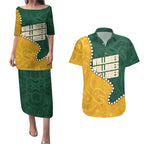 Australia Wallabies Rugby Mascot Couples Matching Puletasi and Hawaiian Shirt Indigenous Dot Art Style - Muscular Kangaroo Graphic