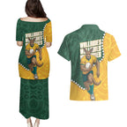 Australia Wallabies Rugby Mascot Couples Matching Puletasi and Hawaiian Shirt Indigenous Dot Art Style - Muscular Kangaroo Graphic