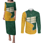 Australia Wallabies Rugby Mascot Couples Matching Puletasi and Long Sleeve Button Shirt Indigenous Dot Art Style - Muscular Kangaroo Graphic