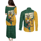 Australia Wallabies Rugby Mascot Couples Matching Puletasi and Long Sleeve Button Shirt Indigenous Dot Art Style - Muscular Kangaroo Graphic