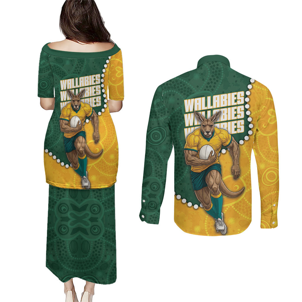 Australia Wallabies Rugby Mascot Couples Matching Puletasi and Long Sleeve Button Shirt Indigenous Dot Art Style - Muscular Kangaroo Graphic