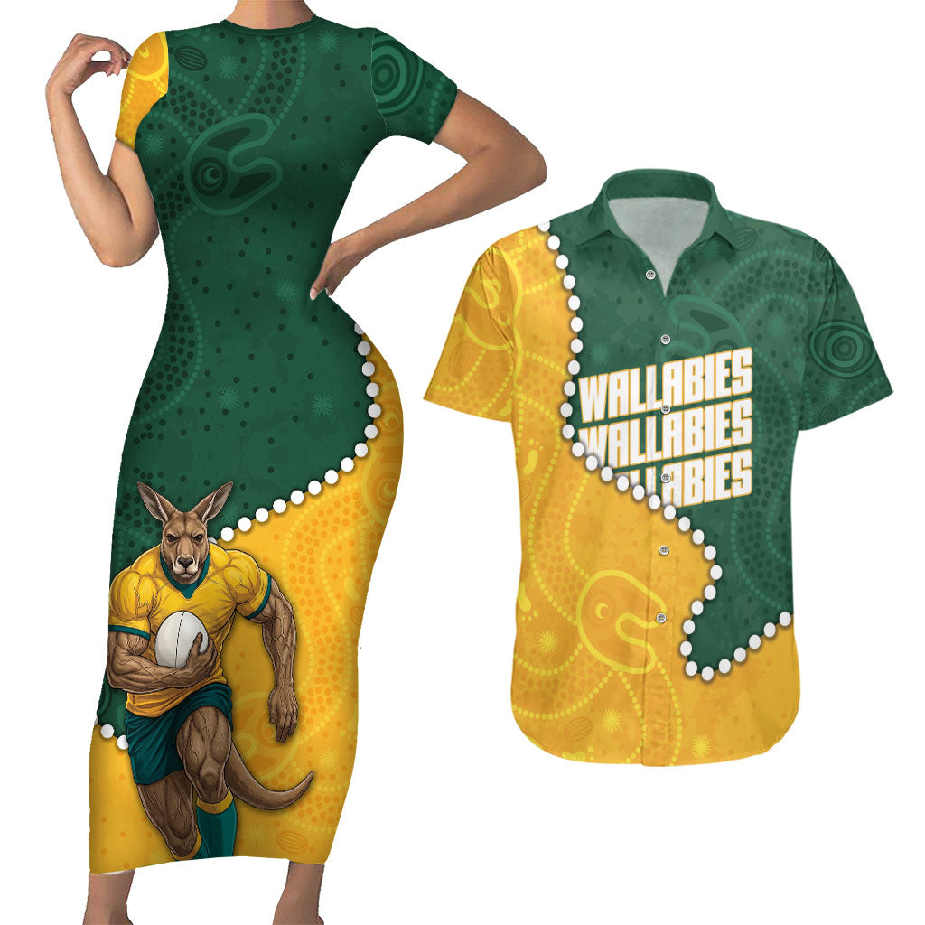 Australia Wallabies Rugby Mascot Couples Matching Short Sleeve Bodycon Dress and Hawaiian Shirt Indigenous Dot Art Style - Muscular Kangaroo Graphic