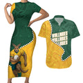 Australia Wallabies Rugby Mascot Couples Matching Short Sleeve Bodycon Dress and Hawaiian Shirt Indigenous Dot Art Style - Muscular Kangaroo Graphic