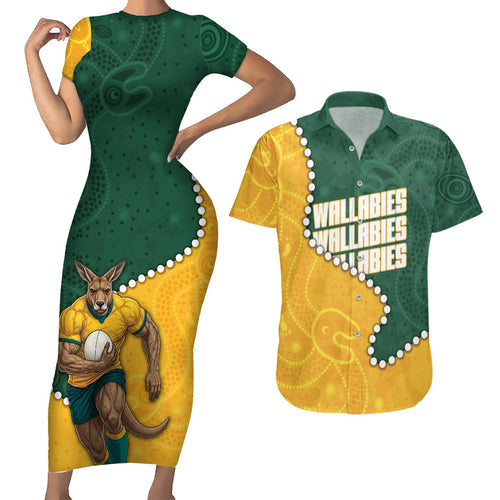 Australia Wallabies Rugby Mascot Couples Matching Short Sleeve Bodycon Dress and Hawaiian Shirt Indigenous Dot Art Style - Muscular Kangaroo Graphic
