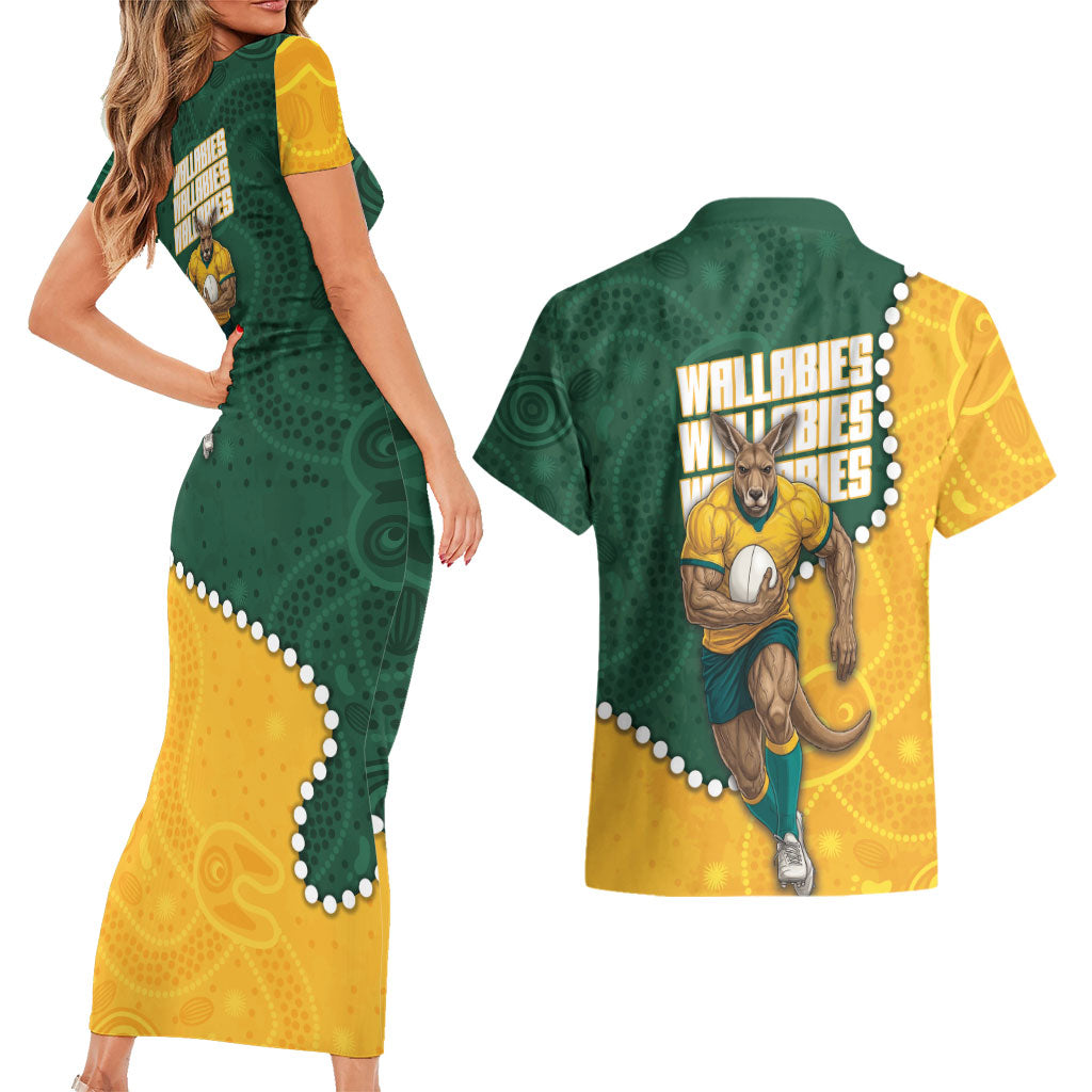 Australia Wallabies Rugby Mascot Couples Matching Short Sleeve Bodycon Dress and Hawaiian Shirt Indigenous Dot Art Style - Muscular Kangaroo Graphic