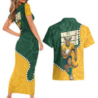 Australia Wallabies Rugby Mascot Couples Matching Short Sleeve Bodycon Dress and Hawaiian Shirt Indigenous Dot Art Style - Muscular Kangaroo Graphic