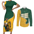Australia Wallabies Rugby Mascot Couples Matching Short Sleeve Bodycon Dress and Long Sleeve Button Shirt Indigenous Dot Art Style - Muscular Kangaroo Graphic