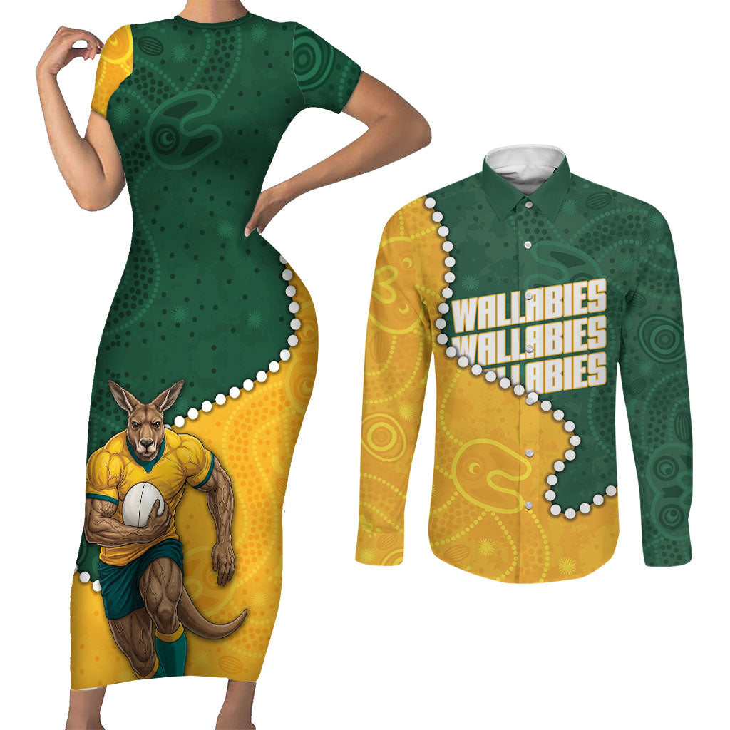 Australia Wallabies Rugby Mascot Couples Matching Short Sleeve Bodycon Dress and Long Sleeve Button Shirt Indigenous Dot Art Style - Muscular Kangaroo Graphic