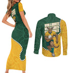 Australia Wallabies Rugby Mascot Couples Matching Short Sleeve Bodycon Dress and Long Sleeve Button Shirt Indigenous Dot Art Style - Muscular Kangaroo Graphic
