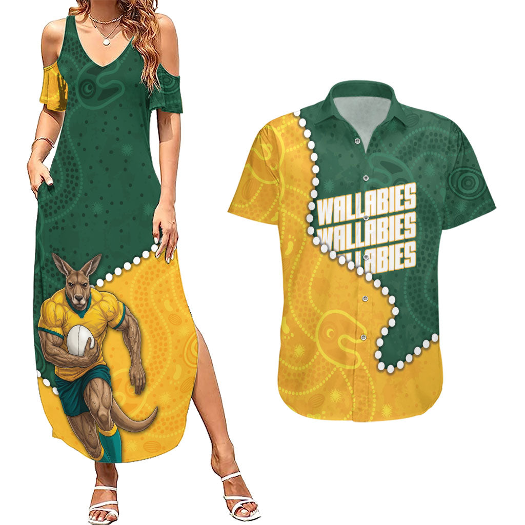 Australia Wallabies Rugby Mascot Couples Matching Summer Maxi Dress and Hawaiian Shirt Indigenous Dot Art Style - Muscular Kangaroo Graphic