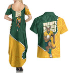 Australia Wallabies Rugby Mascot Couples Matching Summer Maxi Dress and Hawaiian Shirt Indigenous Dot Art Style - Muscular Kangaroo Graphic