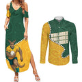 Australia Wallabies Rugby Mascot Couples Matching Summer Maxi Dress and Long Sleeve Button Shirt Indigenous Dot Art Style - Muscular Kangaroo Graphic
