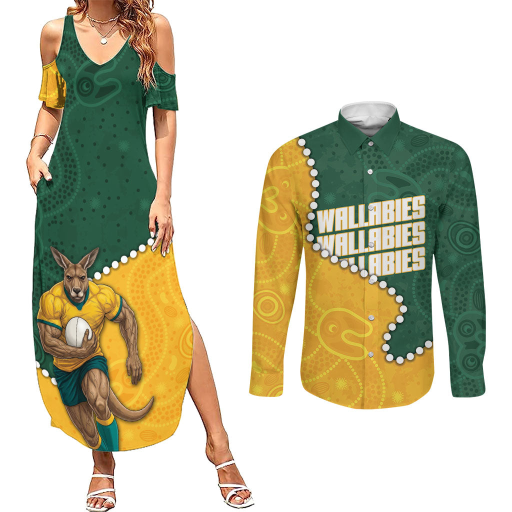 Australia Wallabies Rugby Mascot Couples Matching Summer Maxi Dress and Long Sleeve Button Shirt Indigenous Dot Art Style - Muscular Kangaroo Graphic