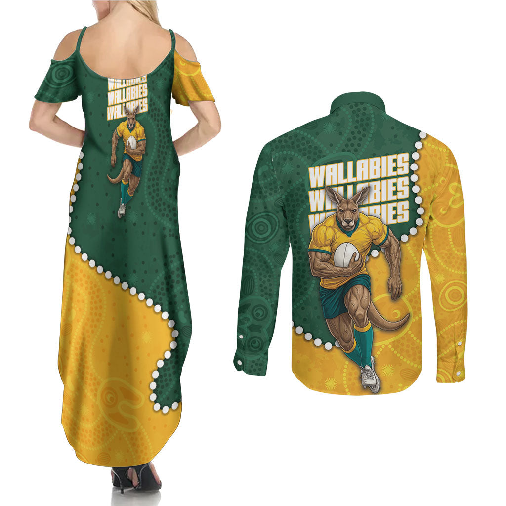 Australia Wallabies Rugby Mascot Couples Matching Summer Maxi Dress and Long Sleeve Button Shirt Indigenous Dot Art Style - Muscular Kangaroo Graphic