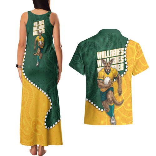 Australia Wallabies Rugby Mascot Couples Matching Tank Maxi Dress and Hawaiian Shirt Indigenous Dot Art Style - Muscular Kangaroo Graphic