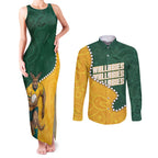 Australia Wallabies Rugby Mascot Couples Matching Tank Maxi Dress and Long Sleeve Button Shirt Indigenous Dot Art Style - Muscular Kangaroo Graphic