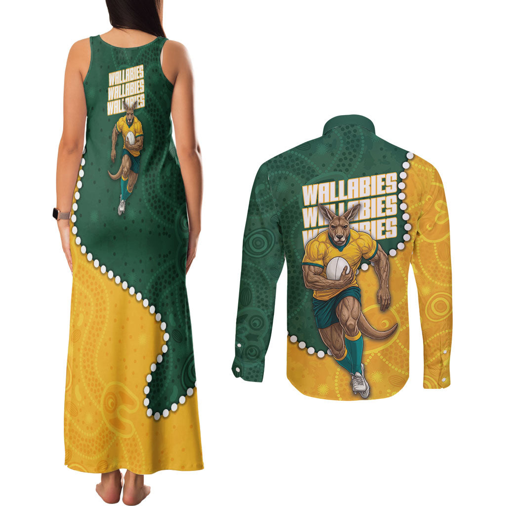 Australia Wallabies Rugby Mascot Couples Matching Tank Maxi Dress and Long Sleeve Button Shirt Indigenous Dot Art Style - Muscular Kangaroo Graphic