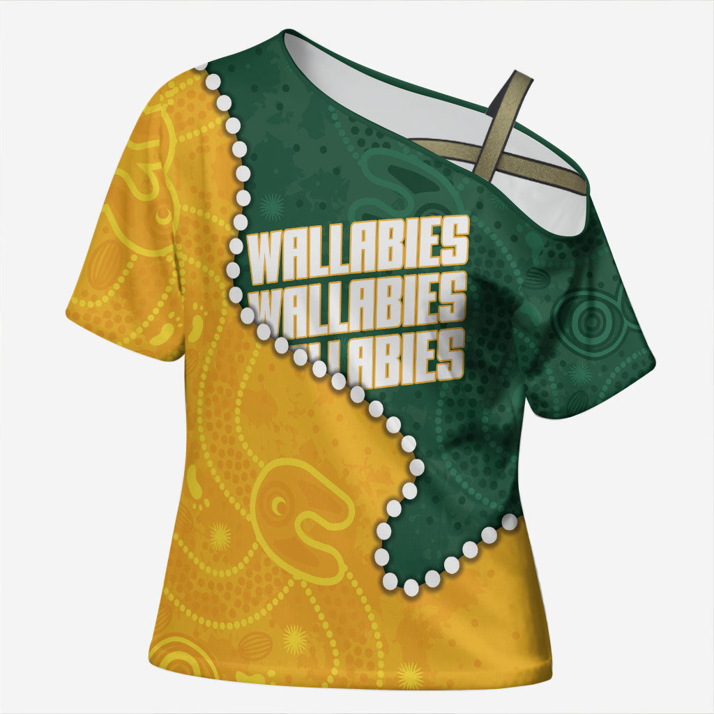 Australia Wallabies Rugby Mascot Cross Shoulder Shirt Indigenous Dot Art Style - Muscular Kangaroo Graphic