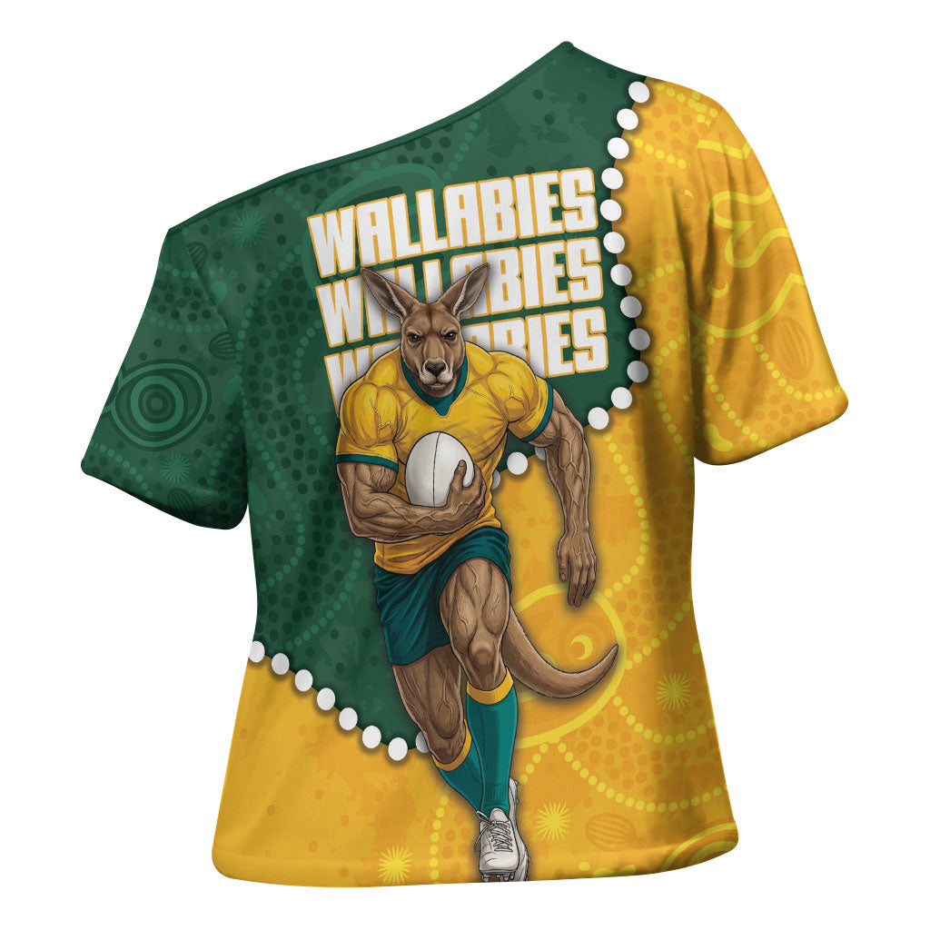 Australia Wallabies Rugby Mascot Cross Shoulder Shirt Indigenous Dot Art Style - Muscular Kangaroo Graphic