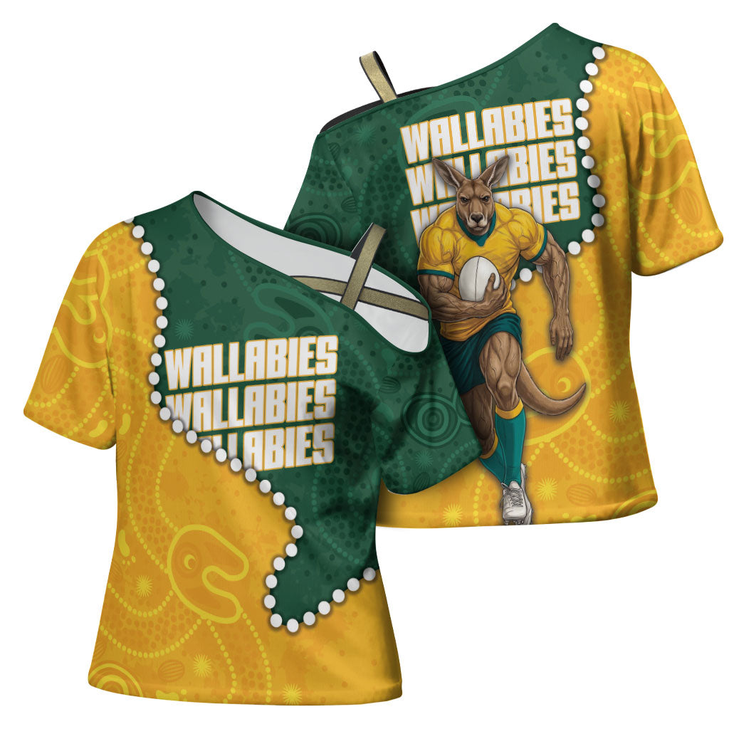 Australia Wallabies Rugby Mascot Cross Shoulder Shirt Indigenous Dot Art Style - Muscular Kangaroo Graphic