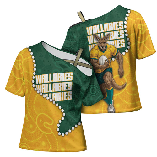 Australia Wallabies Rugby Mascot Cross Shoulder Shirt Indigenous Dot Art Style - Muscular Kangaroo Graphic