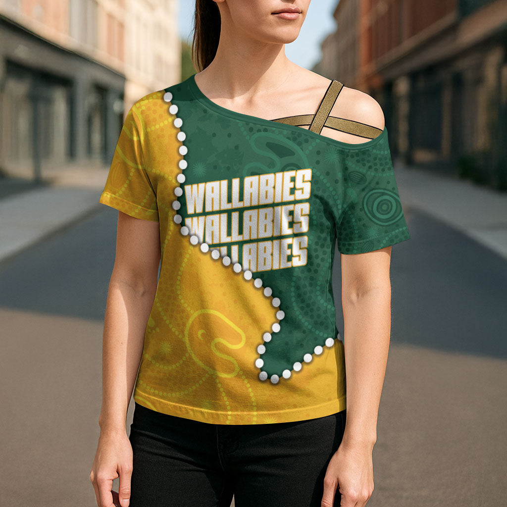 Australia Wallabies Rugby Mascot Cross Shoulder Shirt Indigenous Dot Art Style - Muscular Kangaroo Graphic