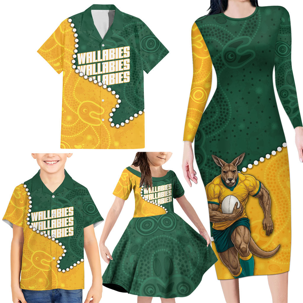Australia Wallabies Rugby Mascot Family Matching Long Sleeve Bodycon Dress and Hawaiian Shirt Indigenous Dot Art Style - Muscular Kangaroo Graphic