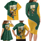 Australia Wallabies Rugby Mascot Family Matching Long Sleeve Bodycon Dress and Hawaiian Shirt Indigenous Dot Art Style - Muscular Kangaroo Graphic