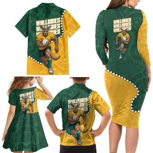 Australia Wallabies Rugby Mascot Family Matching Long Sleeve Bodycon Dress and Hawaiian Shirt Indigenous Dot Art Style - Muscular Kangaroo Graphic
