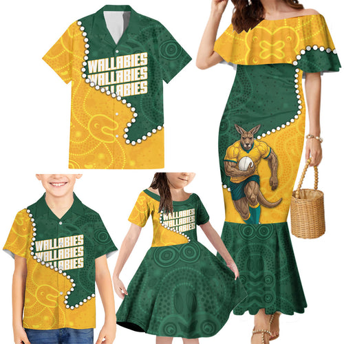 Australia Wallabies Rugby Mascot Family Matching Mermaid Dress and Hawaiian Shirt Indigenous Dot Art Style - Muscular Kangaroo Graphic