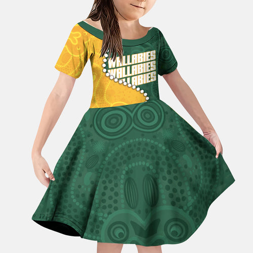 Australia Wallabies Rugby Mascot Family Matching Mermaid Dress and Hawaiian Shirt Indigenous Dot Art Style - Muscular Kangaroo Graphic
