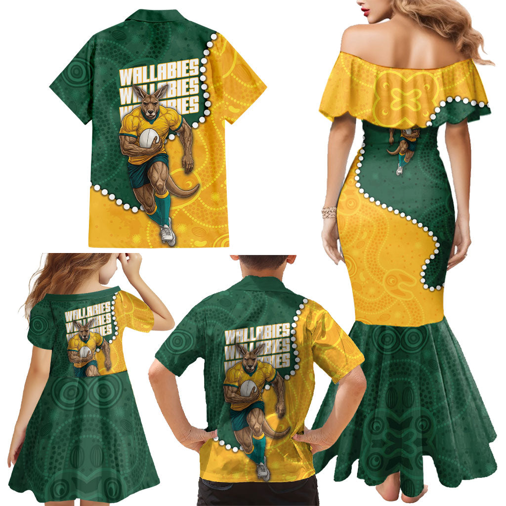 Australia Wallabies Rugby Mascot Family Matching Mermaid Dress and Hawaiian Shirt Indigenous Dot Art Style - Muscular Kangaroo Graphic