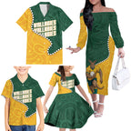 Australia Wallabies Rugby Mascot Family Matching Off The Shoulder Long Sleeve Dress and Hawaiian Shirt Indigenous Dot Art Style - Muscular Kangaroo Graphic