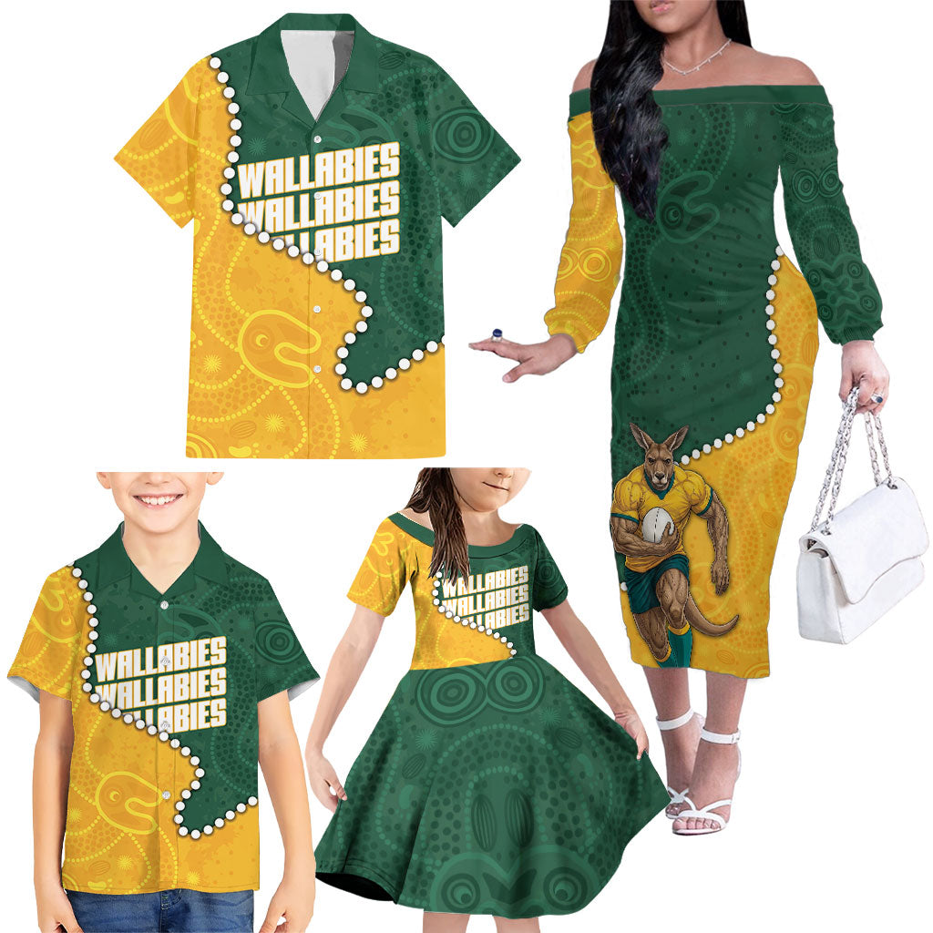 Australia Wallabies Rugby Mascot Family Matching Off The Shoulder Long Sleeve Dress and Hawaiian Shirt Indigenous Dot Art Style - Muscular Kangaroo Graphic