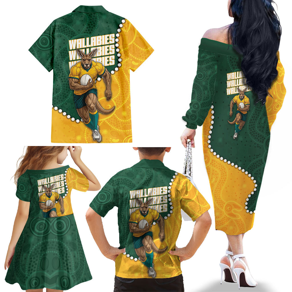 Australia Wallabies Rugby Mascot Family Matching Off The Shoulder Long Sleeve Dress and Hawaiian Shirt Indigenous Dot Art Style - Muscular Kangaroo Graphic