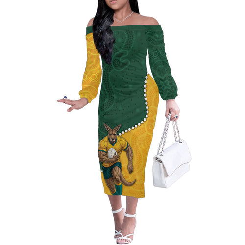 Australia Wallabies Rugby Mascot Family Matching Off The Shoulder Long Sleeve Dress and Hawaiian Shirt Indigenous Dot Art Style - Muscular Kangaroo Graphic