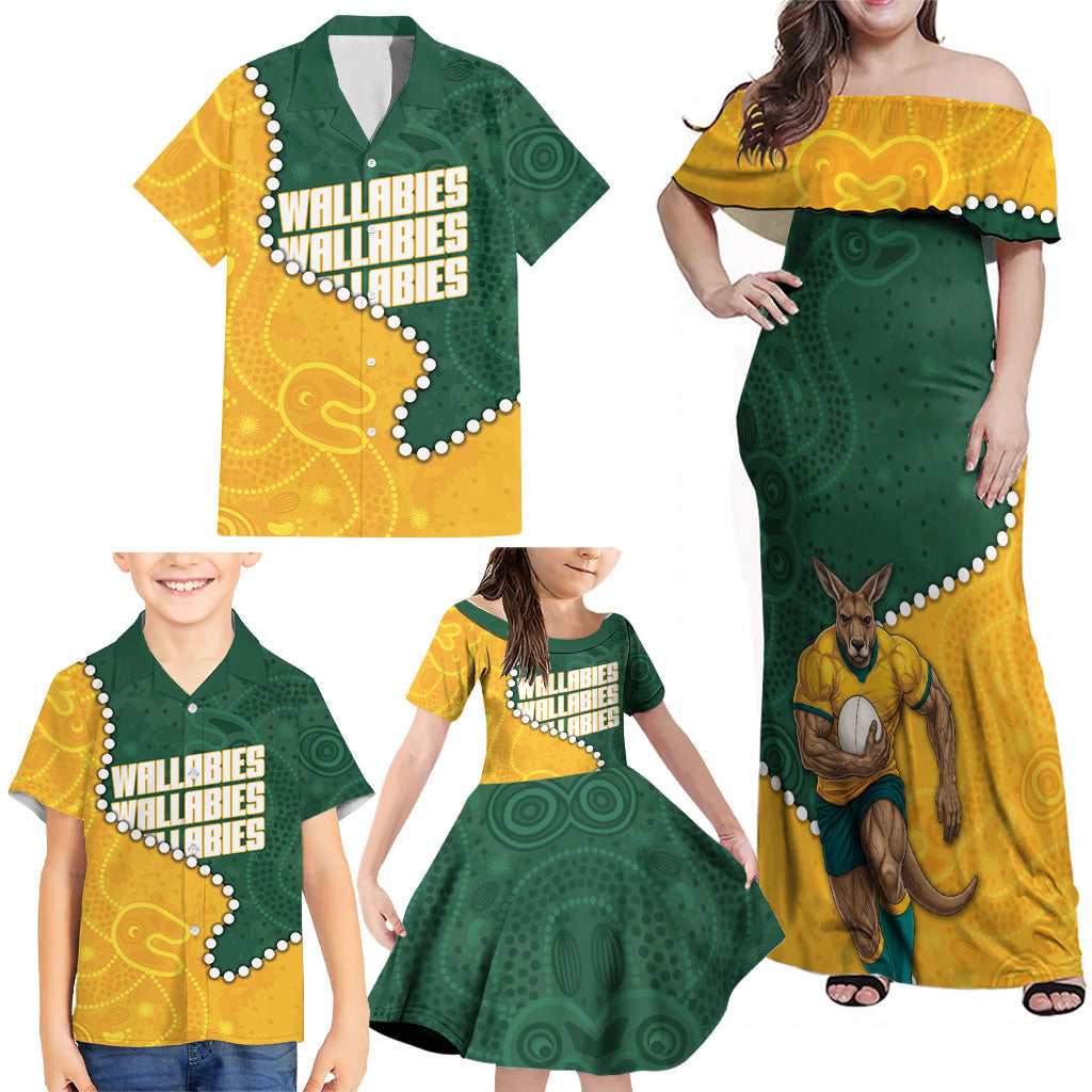 Australia Wallabies Rugby Mascot Family Matching Off Shoulder Maxi Dress and Hawaiian Shirt Indigenous Dot Art Style - Muscular Kangaroo Graphic
