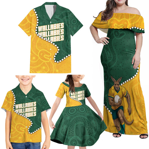 Australia Wallabies Rugby Mascot Family Matching Off Shoulder Maxi Dress and Hawaiian Shirt Indigenous Dot Art Style - Muscular Kangaroo Graphic