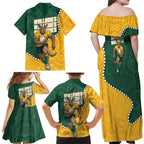 Australia Wallabies Rugby Mascot Family Matching Off Shoulder Maxi Dress and Hawaiian Shirt Indigenous Dot Art Style - Muscular Kangaroo Graphic