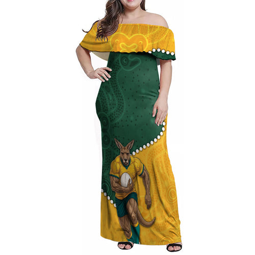 Australia Wallabies Rugby Mascot Family Matching Off Shoulder Maxi Dress and Hawaiian Shirt Indigenous Dot Art Style - Muscular Kangaroo Graphic