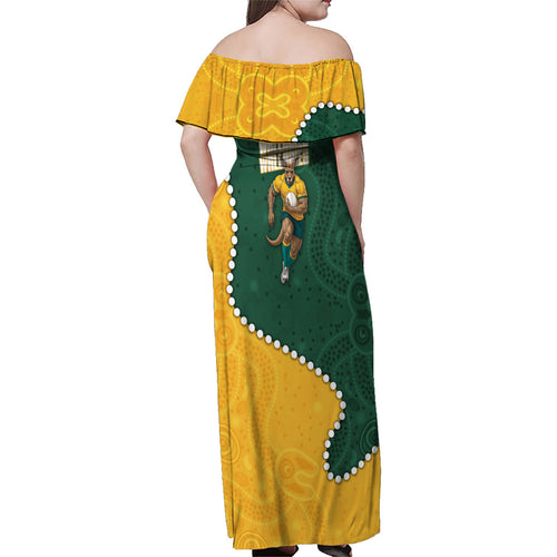 Australia Wallabies Rugby Mascot Family Matching Off Shoulder Maxi Dress and Hawaiian Shirt Indigenous Dot Art Style - Muscular Kangaroo Graphic
