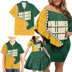 Australia Wallabies Rugby Mascot Family Matching Off Shoulder Short Dress and Hawaiian Shirt Indigenous Dot Art Style - Muscular Kangaroo Graphic