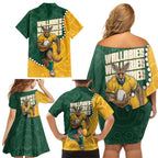 Australia Wallabies Rugby Mascot Family Matching Off Shoulder Short Dress and Hawaiian Shirt Indigenous Dot Art Style - Muscular Kangaroo Graphic